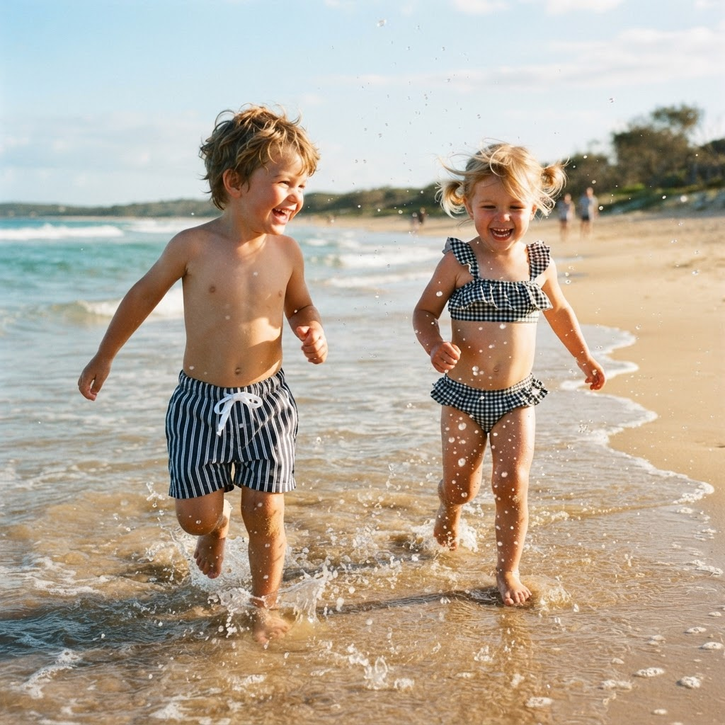 Toddler in a yellow and white striped RafaStell frill bikini playing on the sand at golden hour